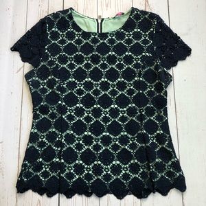 Vince Camuto - Navy & Teal Crocheted Blouse
